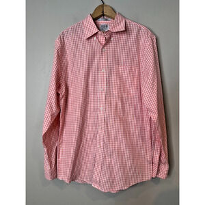 LL Bean Orange Gingham Wrinkle Free Slightly Fitted Men Button Down Shirt Medium